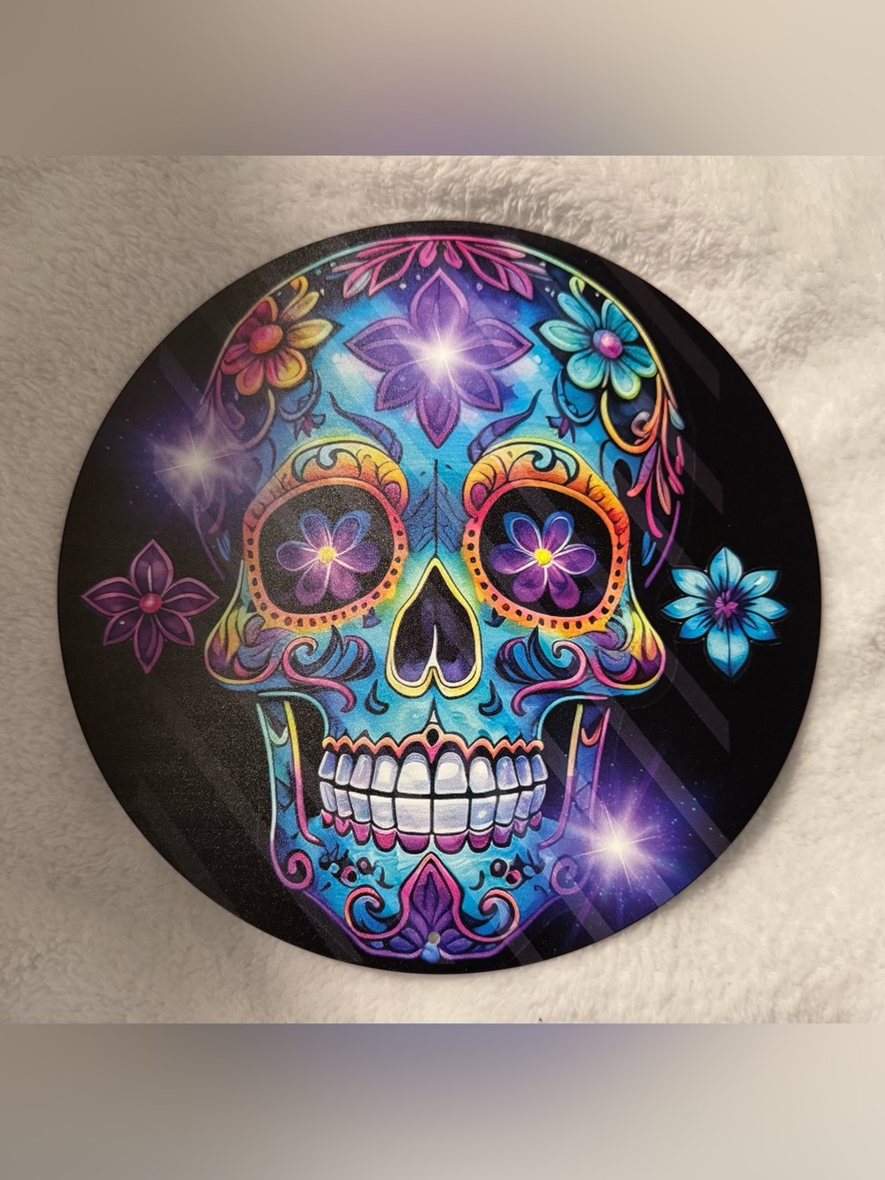 Sugar Skull Day of the Dead Decorative Round Metal Sign Pre-Drilled Purple Teal
